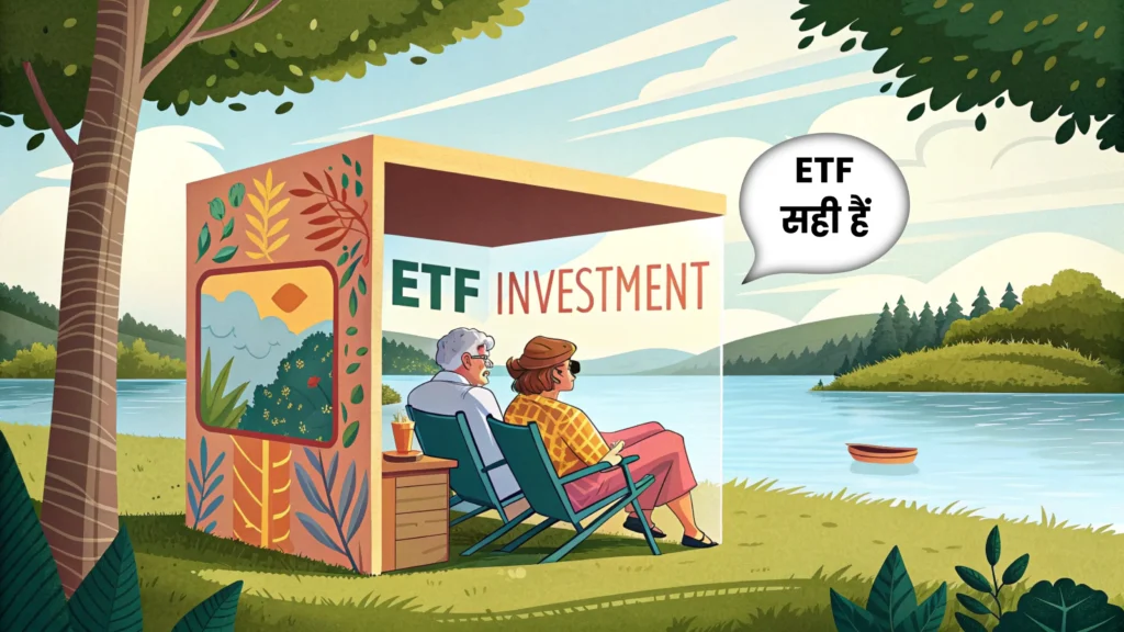 Couple Relax near Lake , In box Text "ETF Investment"