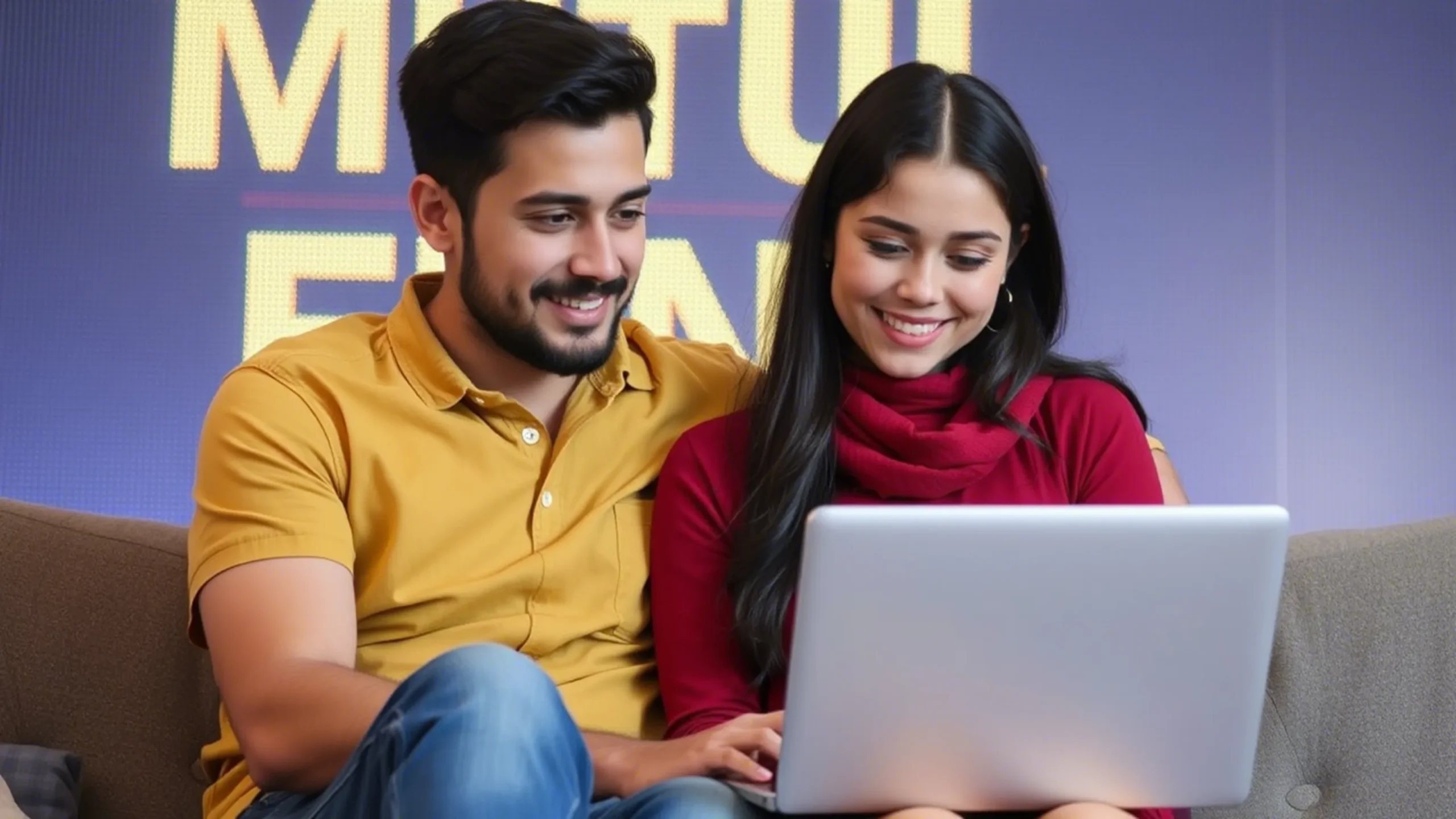 couple, mutual fund text in backgroud