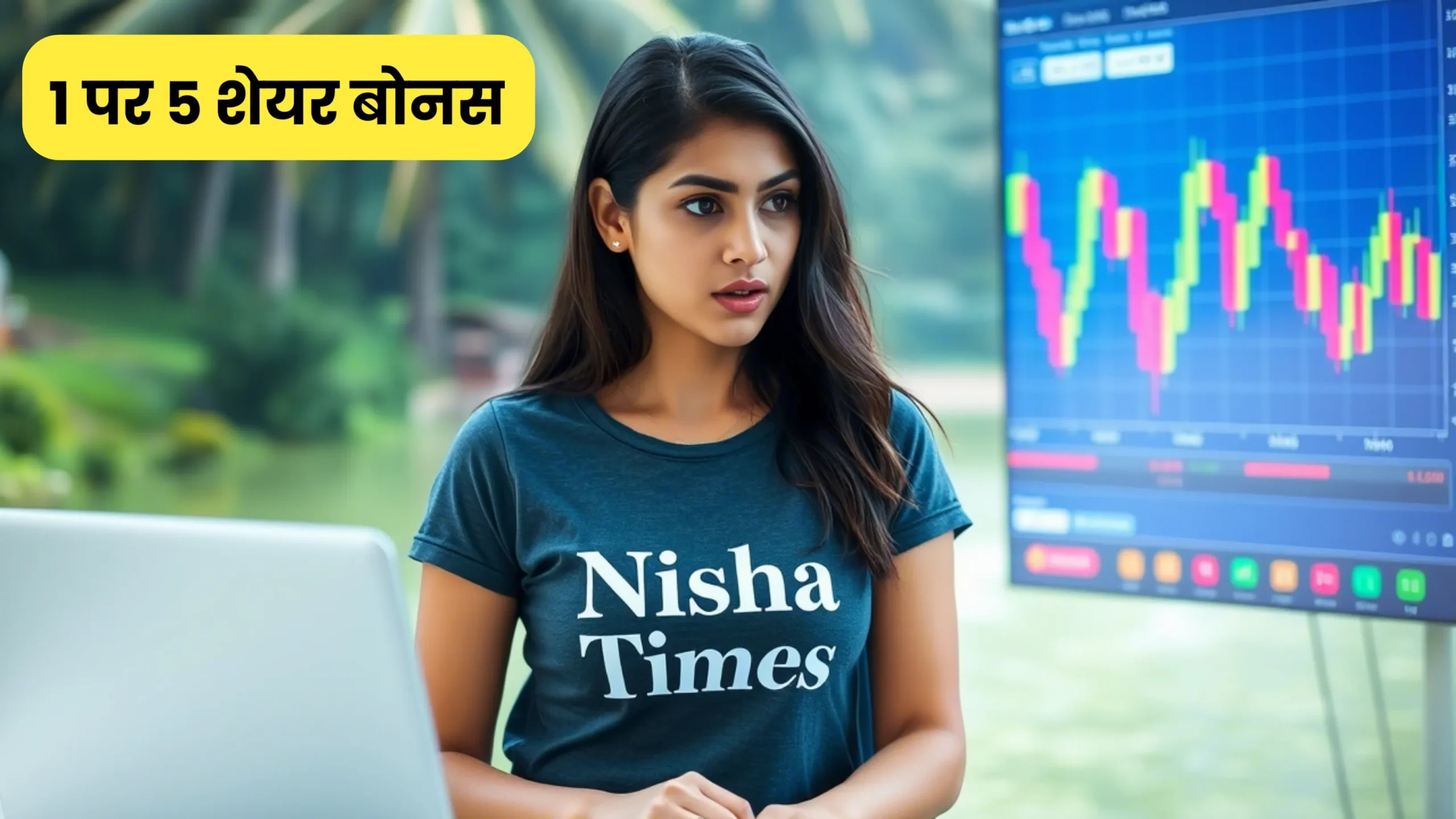 A girl with laptop, in background stock market candle charts in digital screen