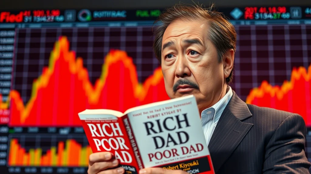 Robert Kiyosaki reading Rich Dad Poor Dad Book and thinking