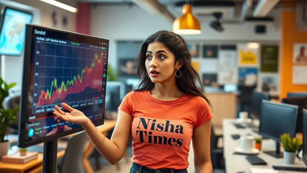 > Indian woman with healthy, fit physique and glamorous look, surprised while analyzing a multibagger stock chart on a digital screen, wearing a body-hugging “Nisha Times” tee inside a colorful, vibrant IT startup workspace.