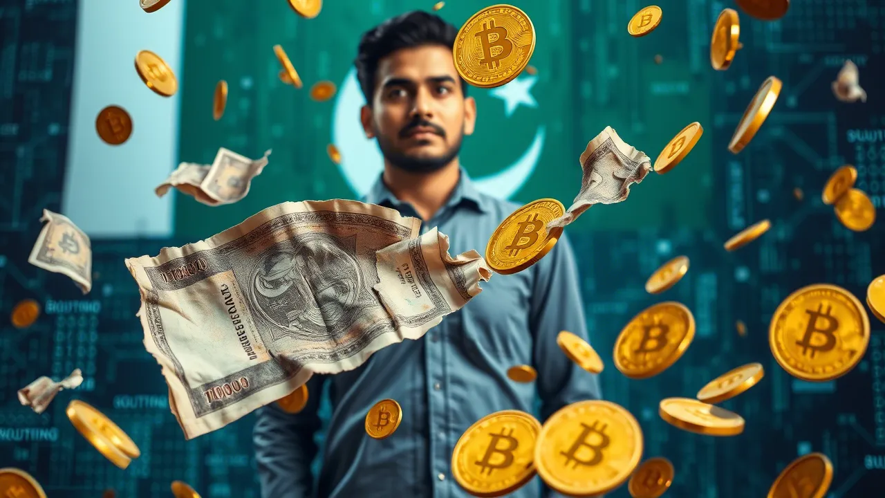 Old torn Pakistani rupee notes transforming mid-air into golden Bitcoins, with Bilal Bin Saqib looking determined in the background, symbolizing the shift to digital currency.