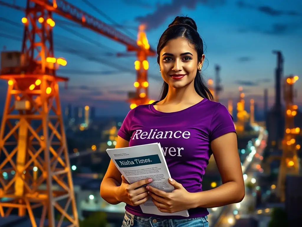 "High-resolution image of Reliance Power’s infrastructure with glowing elements, in front stands a woman in tight purple tee with the words 'Nisha Times', holding a financial report."