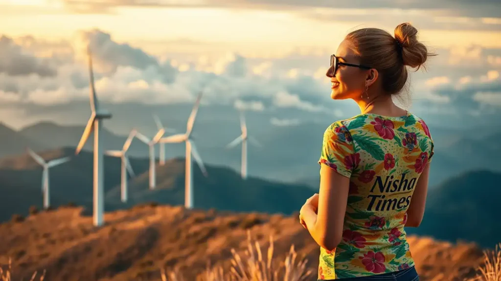 Wind energy generator company, wind many turbine big on mountains , very full colourfull image, realistic image , cute healthy smart modern woman watching this , wearing tight t-shirt , tshirt slogan is "Nisha Times" printed on backside of tshirt , cloudy environment, very perfect light