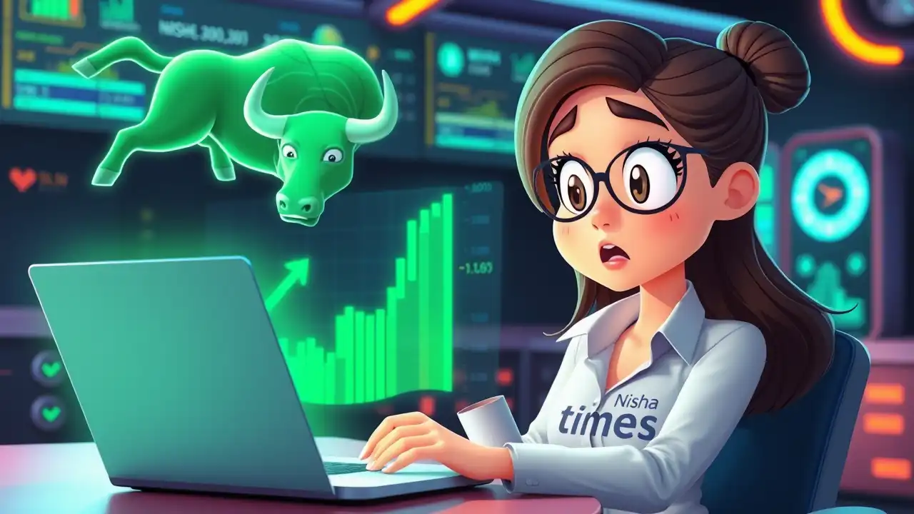 3D cartoon render of a modern, cute businesswoman in a “Nisha Times” shirt, looking shocked at her laptop. A giant green bullish automotive stock chart rises from the screen, turning into a holographic bull. Playful, colorful, and tech-forward style.