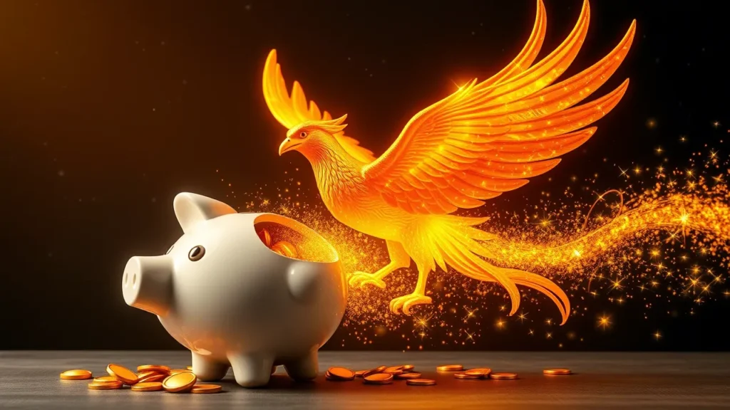 A piggy bank turning into a majestic golden phoenix rising into a starry night