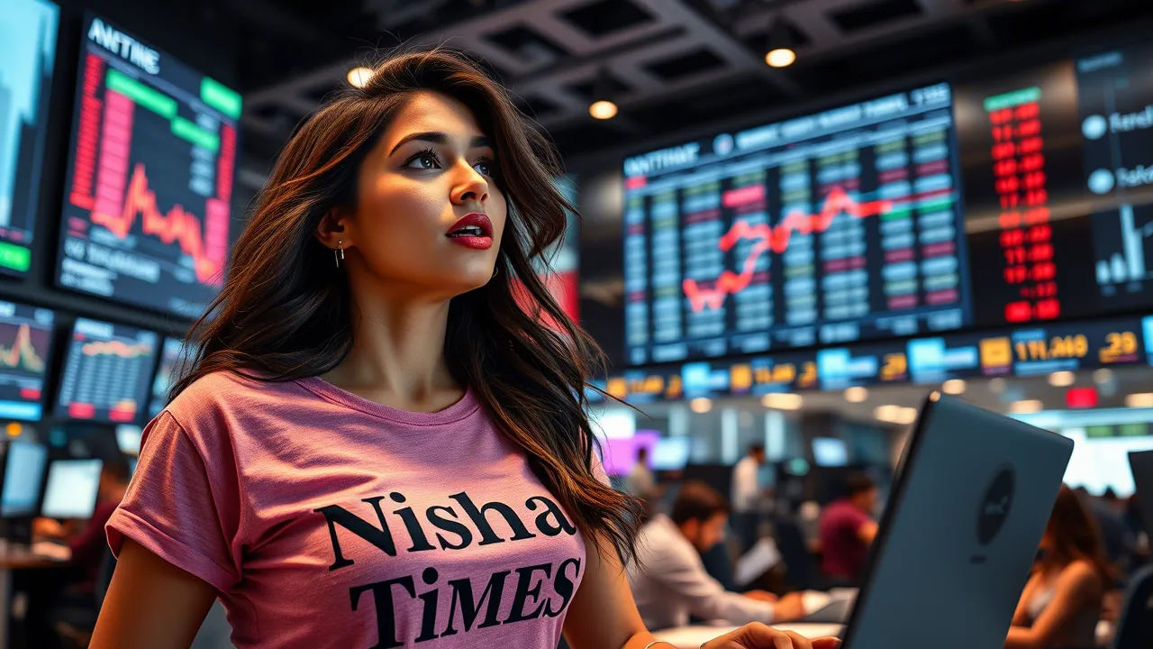 An urban chic woman smiling in shock as stock numbers rise on her screen. She wears a fitted “Nisha Times” tee. Background shows an open-plan stock trading floor with digital screens and financial analysts at work.