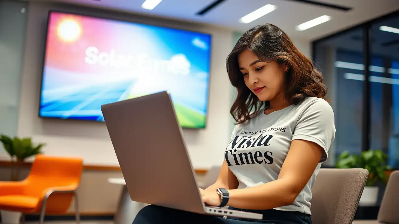 "A cute, intelligent woman in a tight-fitting 'Nisha Times' t-shirt, working on a sleek laptop in a modern corporate office, with vibrant lighting and a digital screen showing solar energy solutions in the background."