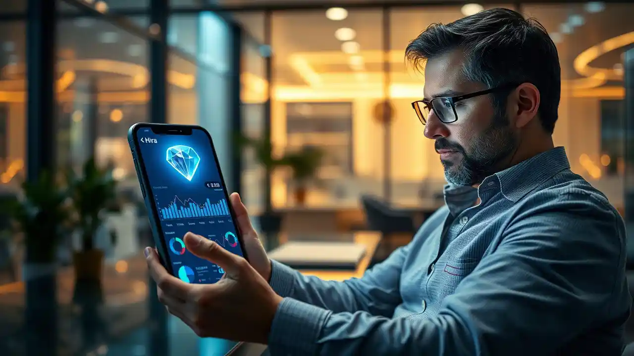 Investor looking at their mobile portfolio app with a glowing gem icon labeled 'Hira', stock values multiplying on screen."