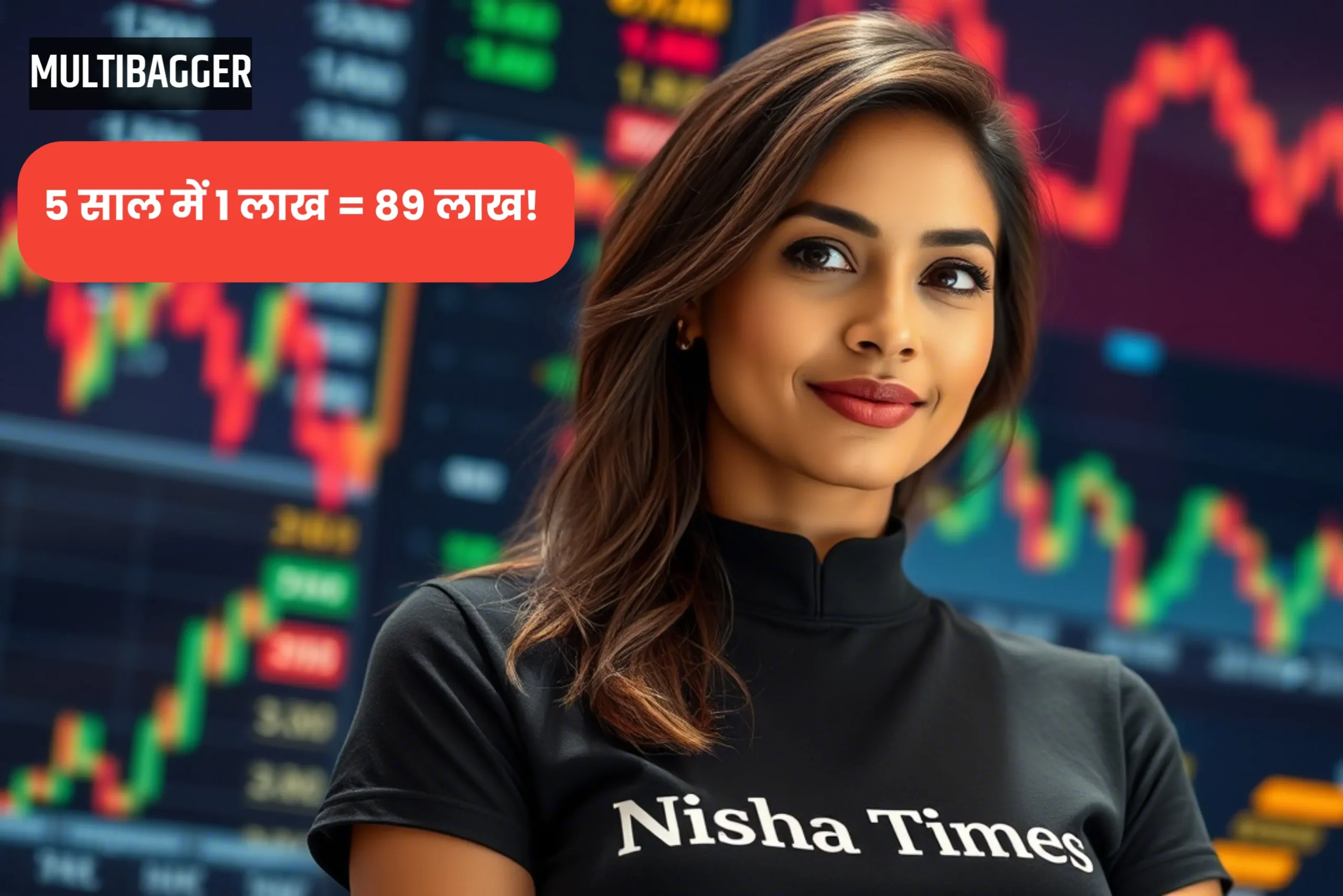 Woman smiling with stock market chart in background