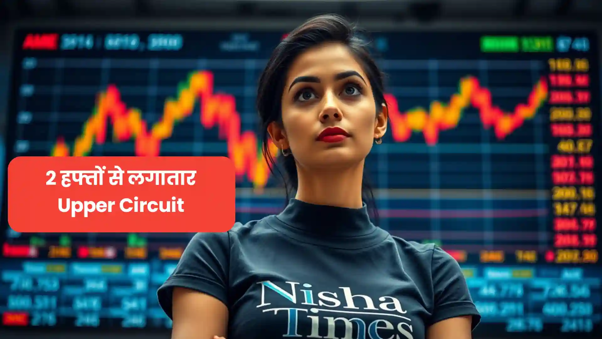 Woman thinking, in background stock market chart