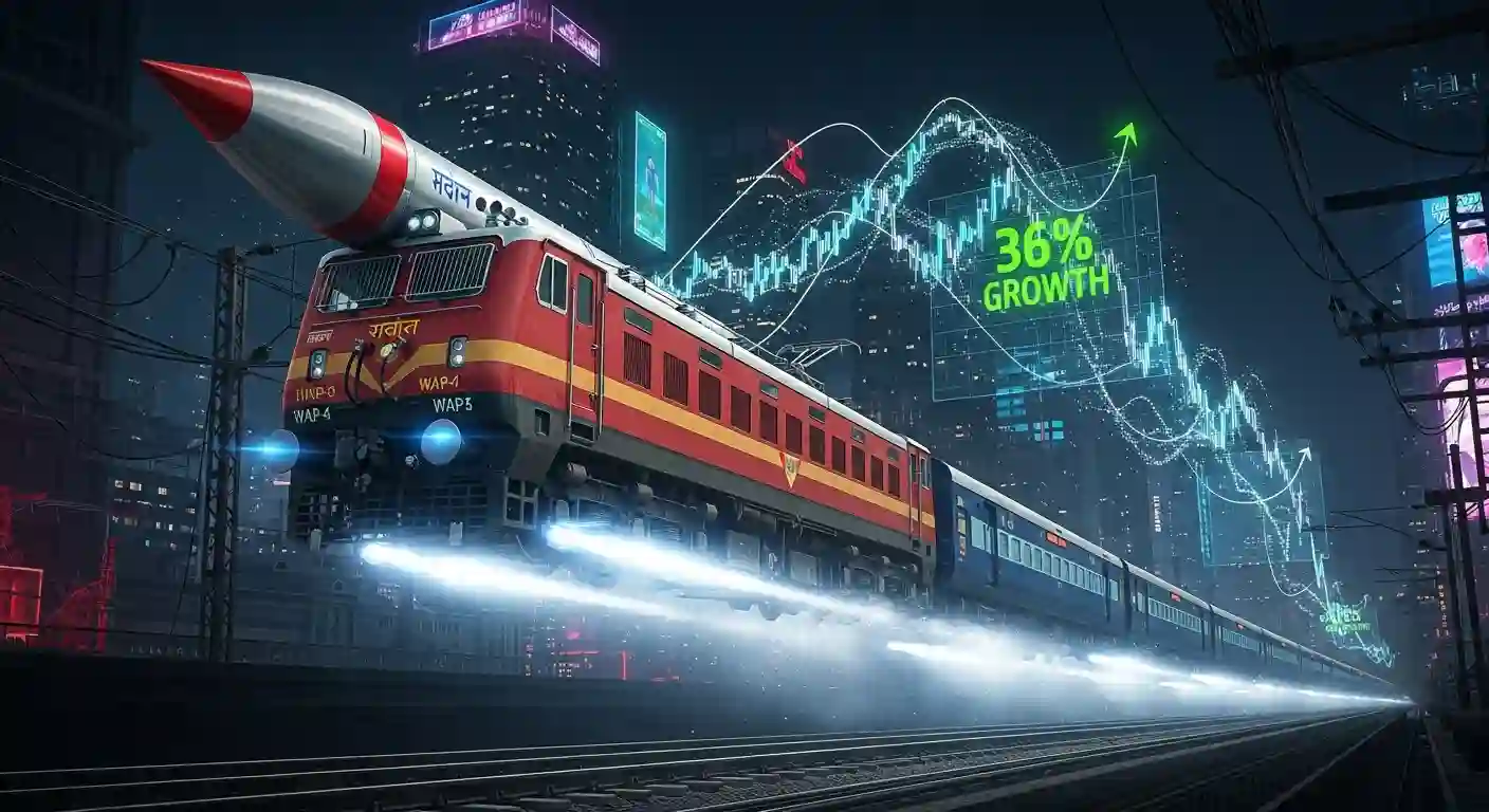 railtel-corporation A powerful train smashing through a crumbling wall labeled 'Bear Market', with bulls charging alongside, dramatic motion blur."