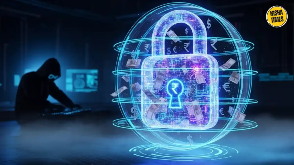 Demat Account Safety India, security lock and hidden person in background ai generated image