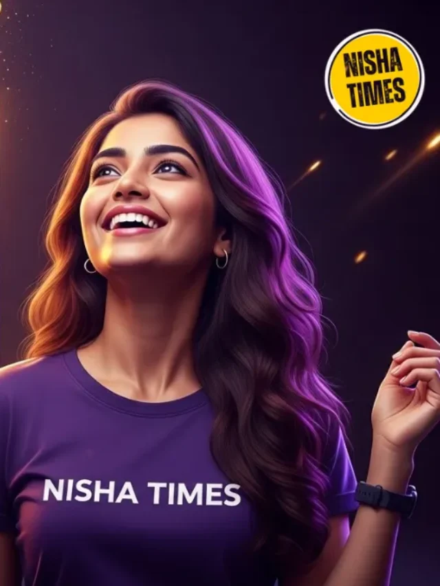 Vibrant purple-gold cinematic composition with a cute gorgeous young Indian woman smiling joyfully in "Nisha Times" t-shirt, surrounded by explosive rising bar graphs turning into floating golden rupee coins and sparkling light rays, luxurious dark background with neon highlights, high energy wealth creation, 1200x675 landscape.