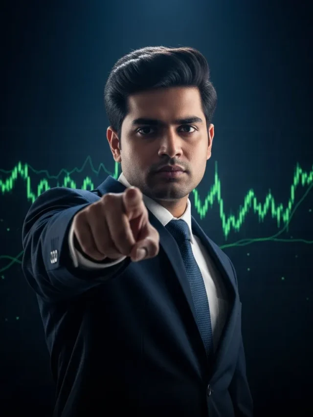 Professional Indian stock market investor Vijay Kedia, confident pose, wearing formal suit, pointing finger towards camera, serious expression, shot from below angle, dramatic lighting, dark cinematic background, deep dark navy blue and black gradient background, subtle stock market chart lines glowing green in background, Dalal Street Mumbai atmosphere, bokeh effect, ultra realistic, 4K, sharp face, professional photography style, bottom area completely dark for text overlay, no text in image, no watermark