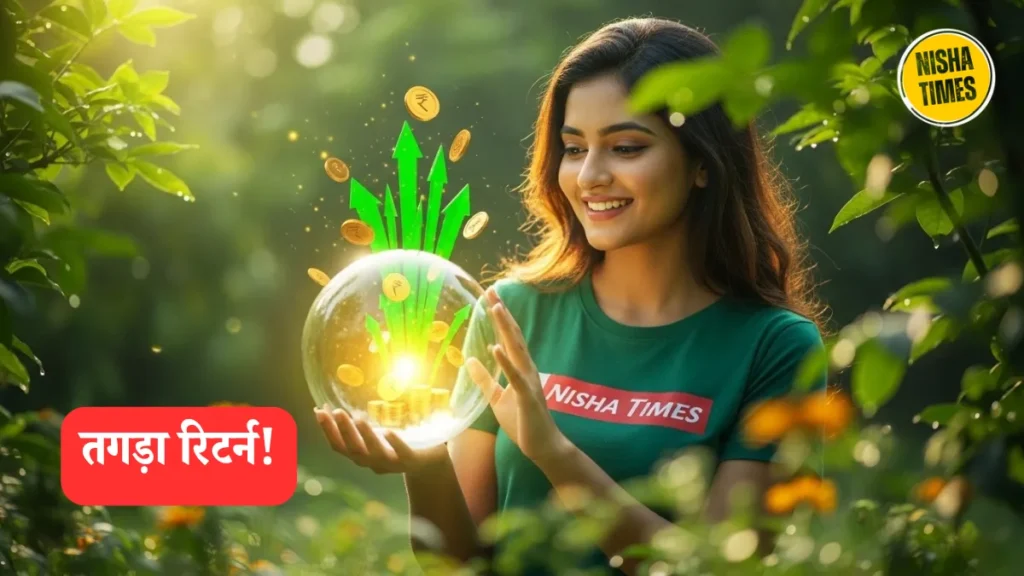 Cinematic bright morning garden scene of a stunning beautiful young Indian woman with radiant smile in "Nisha Times" t-shirt gently touching a large glowing crystal ball that shows exploding green upward arrows and flying rupee coins inside, soft natural sunlight filtering through leaves, fresh hopeful wealth growth vibe, vibrant green-gold tones