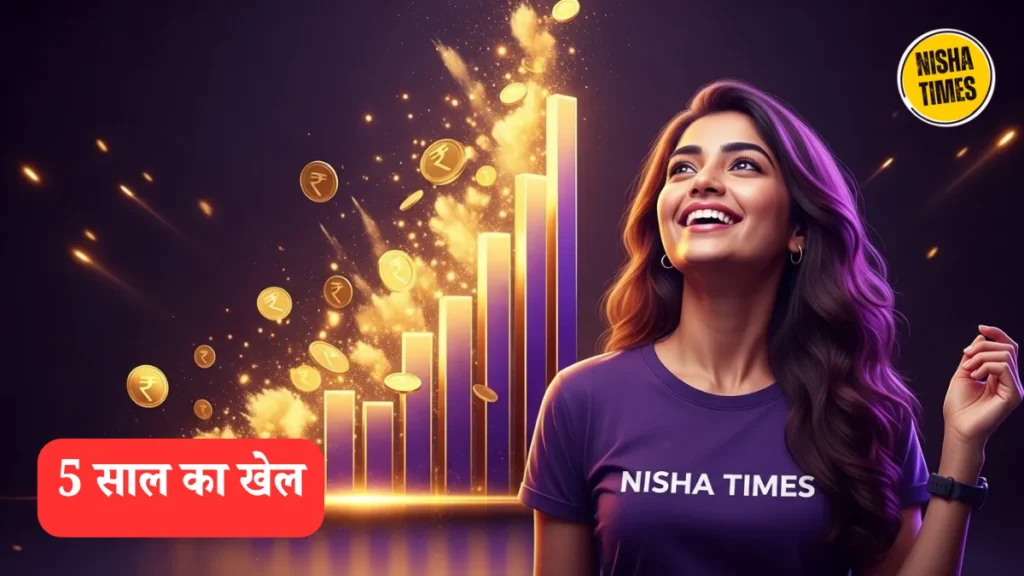 Vibrant purple-gold cinematic composition with a cute gorgeous young Indian woman smiling joyfully in "Nisha Times" t-shirt, surrounded by explosive rising bar graphs turning into floating golden rupee coins and sparkling light rays, luxurious dark background with neon highlights, high energy wealth creation, 1200x675 landscape.