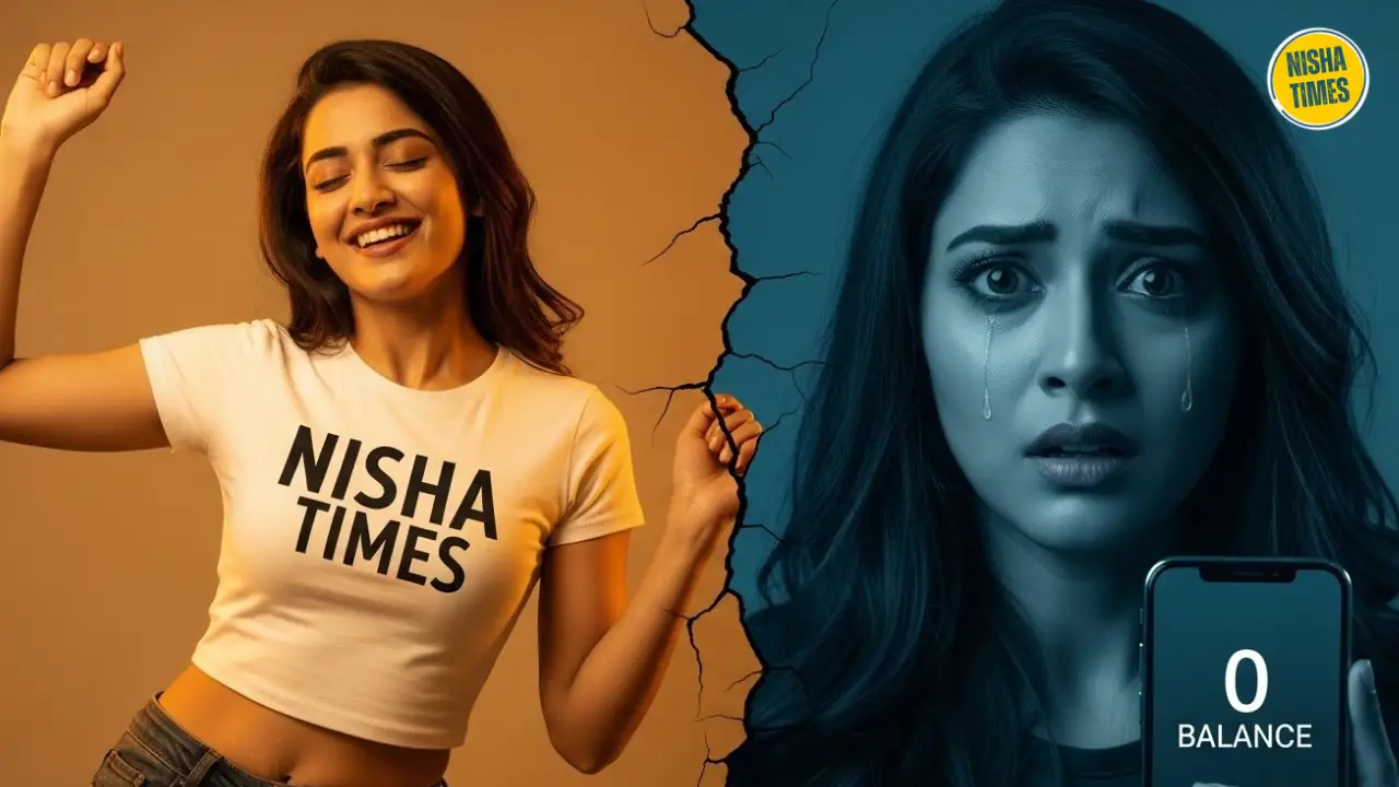 Cinematic high contrast split thumbnail of beautiful young Indian woman with cute face, left vibrant warm golden side dancing joyfully with arms raised and big laugh, wearing white t-shirt with clear bold "Nisha Times" text, right cool dark moody side with shocked regretful face and teary eyes holding phone with zero balance, strong dramatic crack dividing the frame, premium movie-style lighting, ultra realistic details