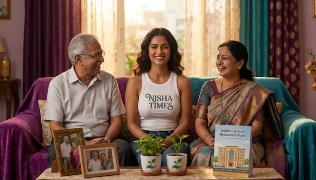 Beutiful Woman with old-age parents, something related retirement investment 