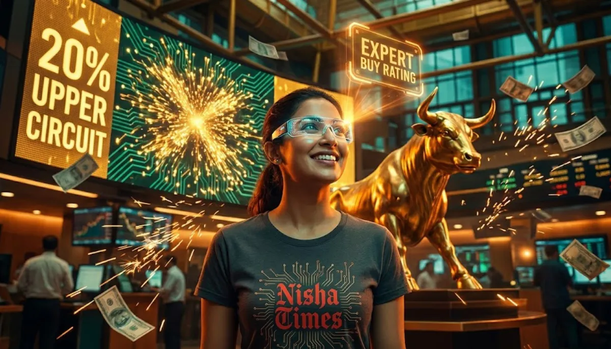 Woman smiling, ai data center news, 20 percent upper circuit text msg, big bull